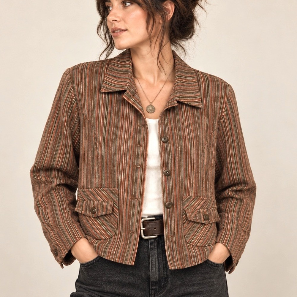 VTG 90s Striped Jacket Blazer Brown Green Earth Tone 12 Dark Academia Retro